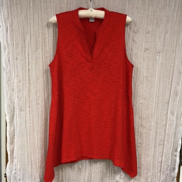 Chicos M Cotton Blend Sleeveless V-Neck Vibrant Red Hanky Style - Picture 3 of 11